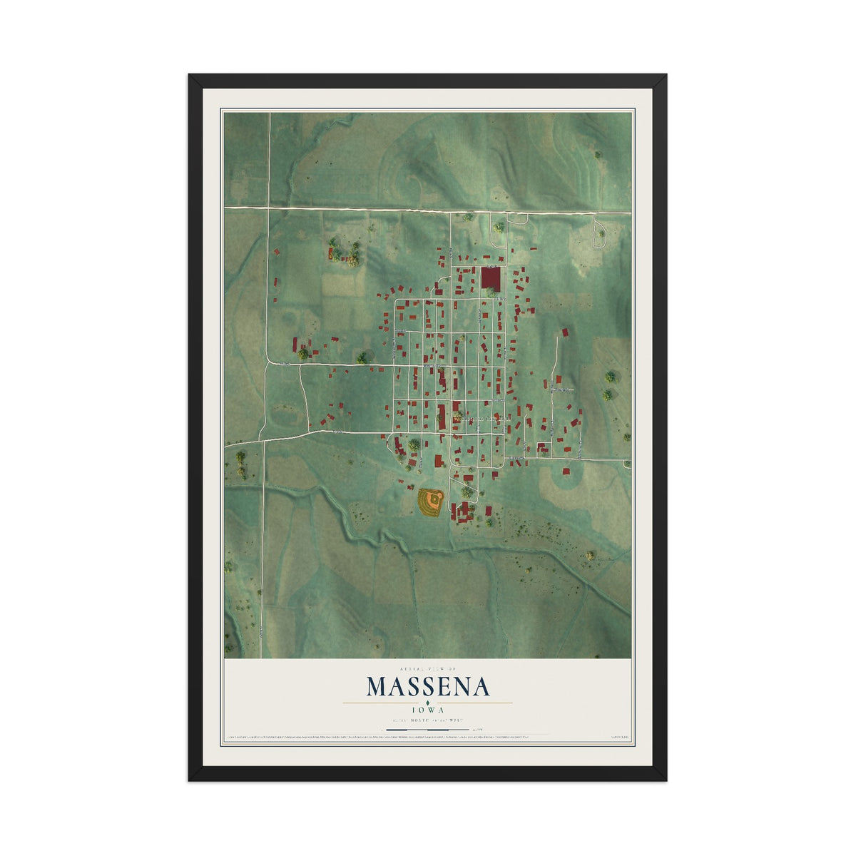 Map of Massena, Iowa, 12 x 18 inch print in a black wood frame