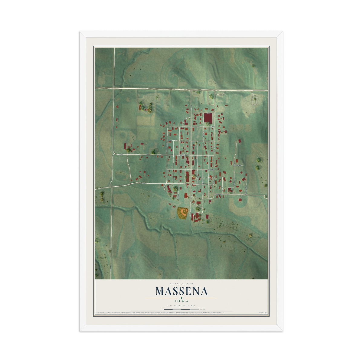 Map of Massena, Iowa, 12 x 18 inch print in a white wood frame