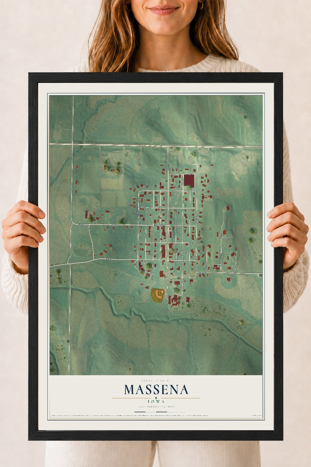 Map of Massena, Iowa, 18 x 24 inch print in a black wood frame