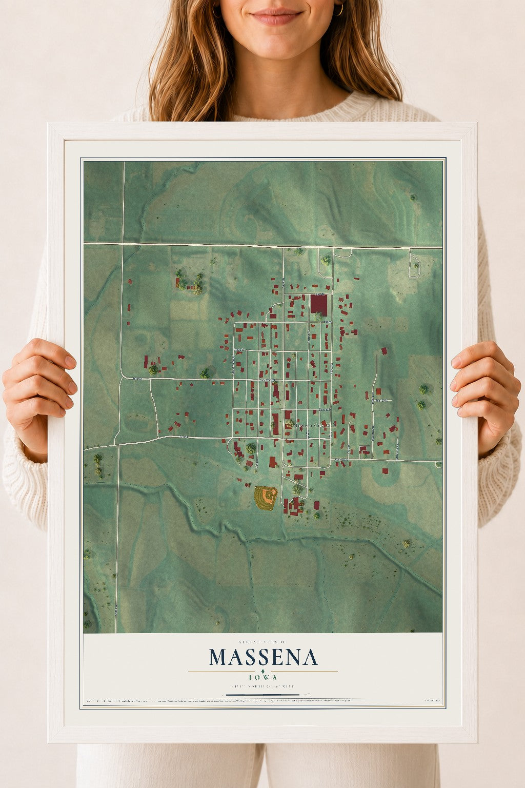 Map of Massena, Iowa, 18 x 24 inch print in a white wood frame
