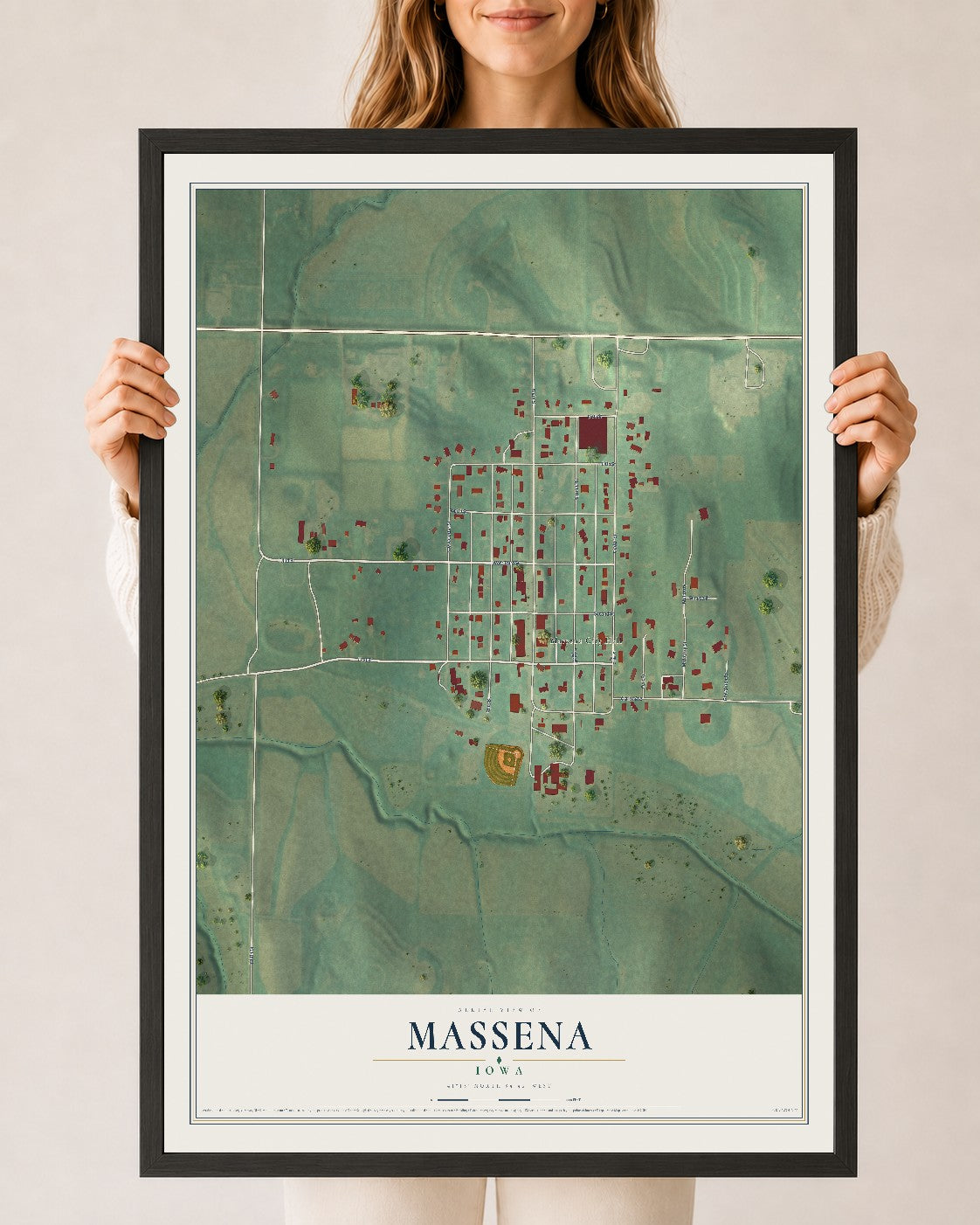 Map of Massena, Iowa, 24 x 36 inch print in a black wood frame