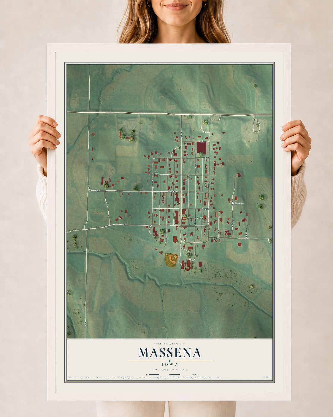 Map of Massena, Iowa, 24 x 36 inch print in a white wood frame