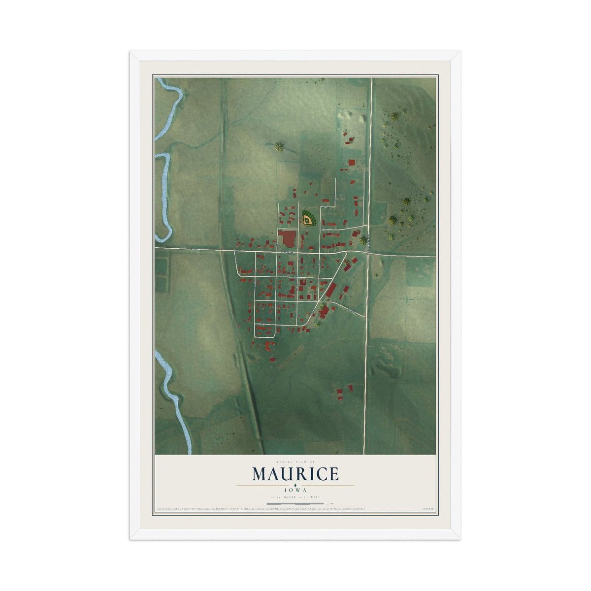 Map of Maurice, Iowa, 12 x 18 inch print in a white wood frame