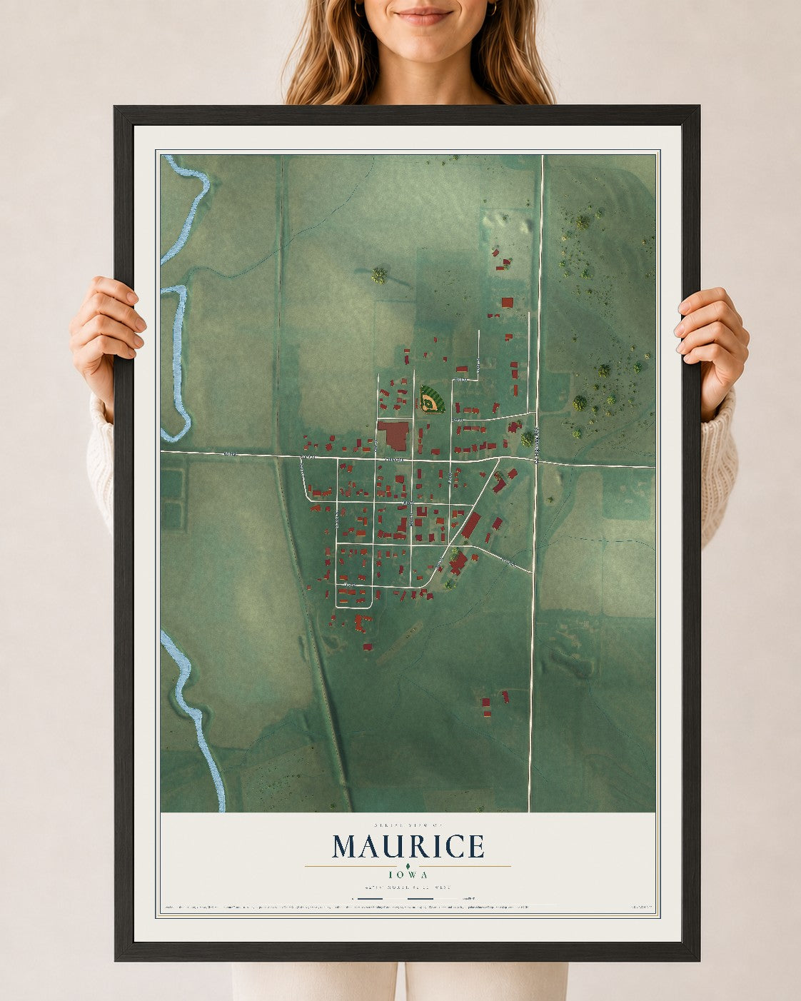 Map of Maurice, Iowa, 24 x 36 inch print in a black wood frame