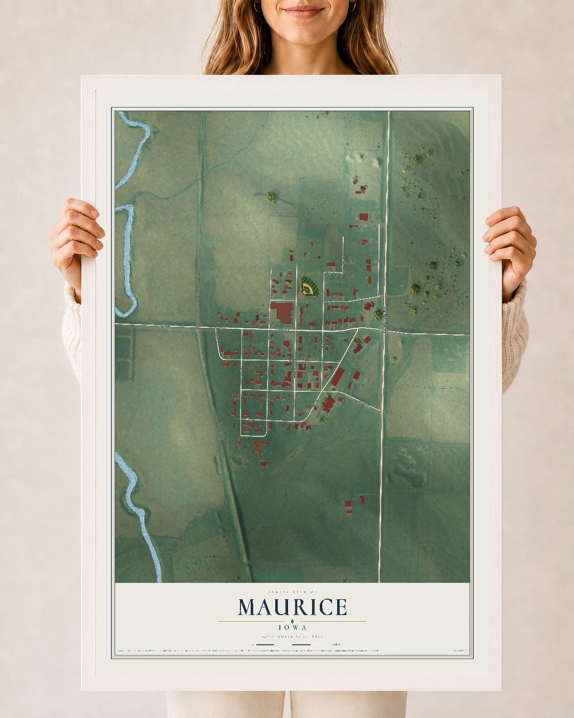 Map of Maurice, Iowa, 24 x 36 inch print in a white wood frame