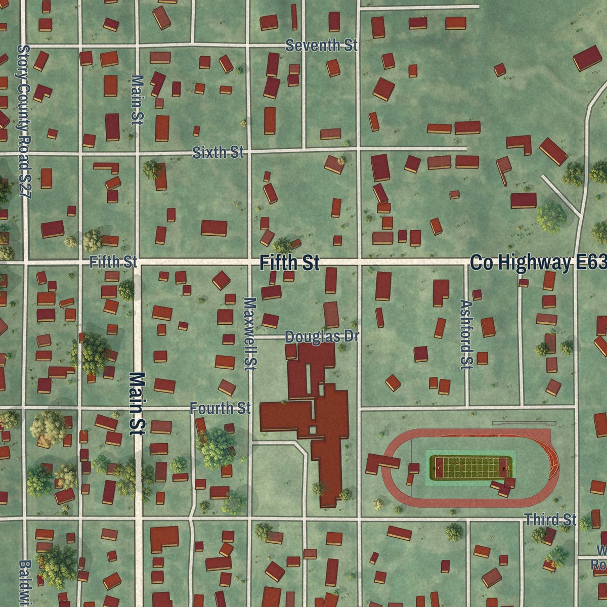 Close-up of the map of Maxwell, Iowa print showing street and building detail