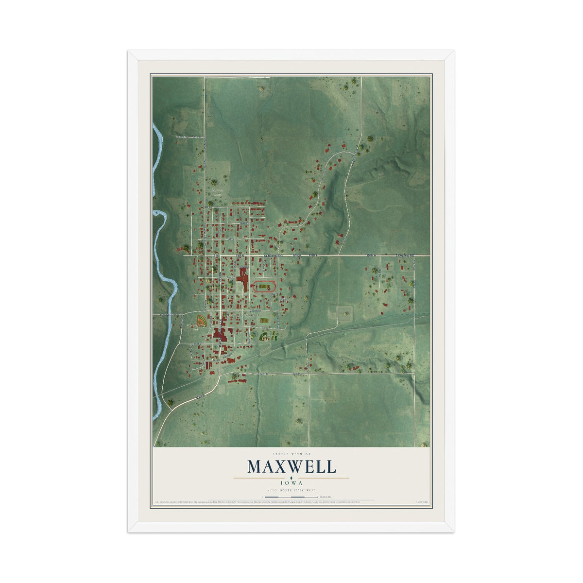 Map of Maxwell, Iowa, 12 x 18 inch print in a white wood frame