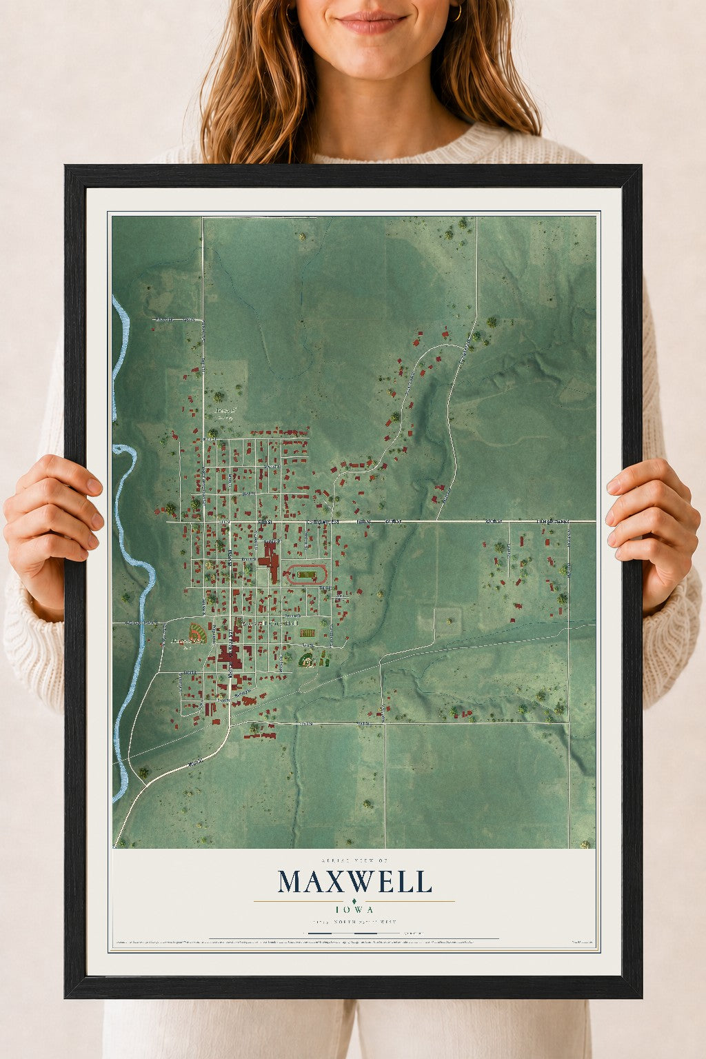 Map of Maxwell, Iowa, 18 x 24 inch print in a black wood frame