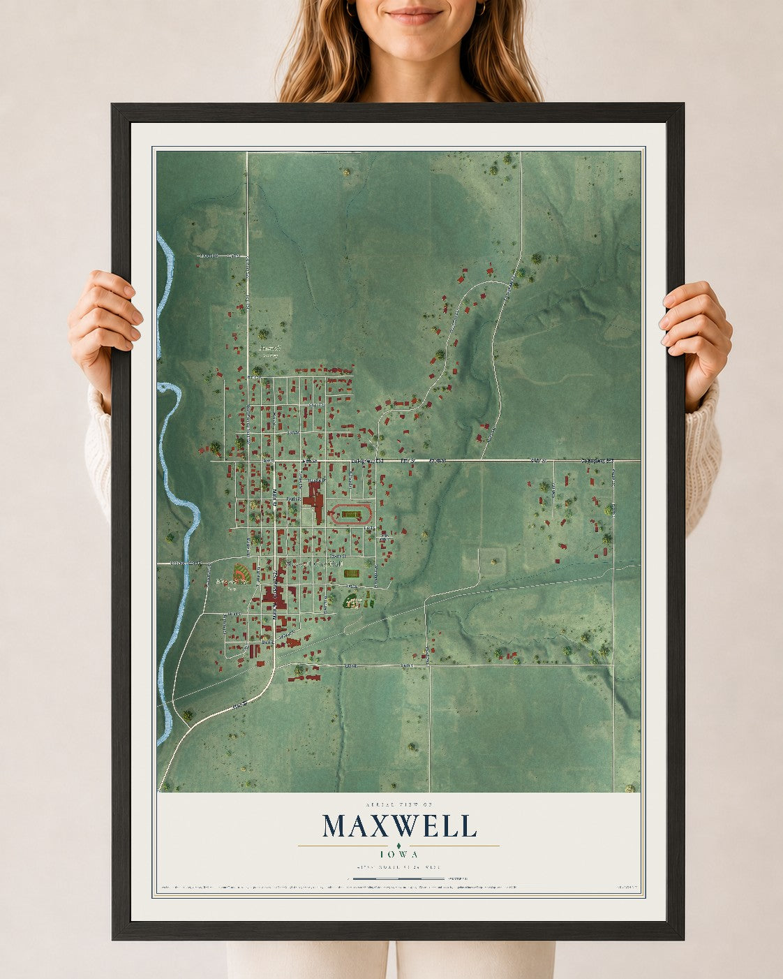 Map of Maxwell, Iowa, 24 x 36 inch print in a black wood frame