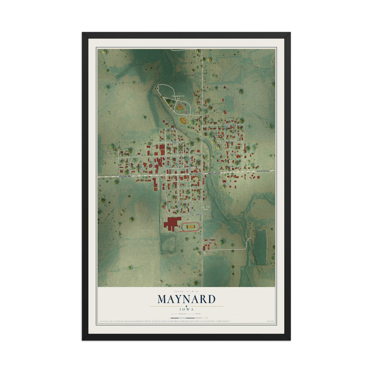 Map of Maynard, Iowa, 12 x 18 inch print in a black wood frame