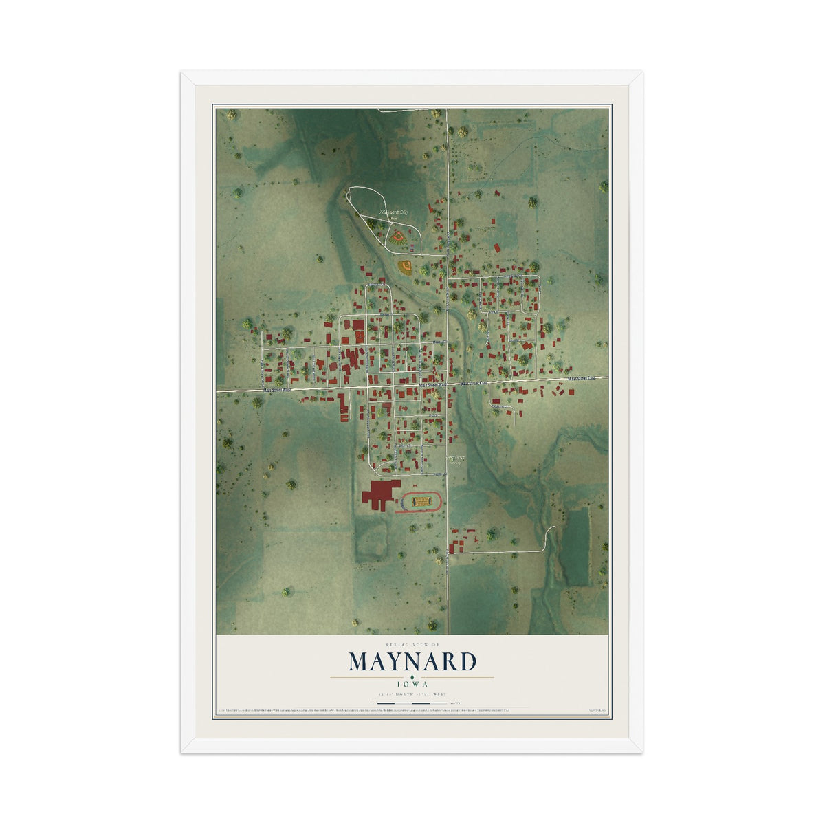 Map of Maynard, Iowa, 12 x 18 inch print in a white wood frame