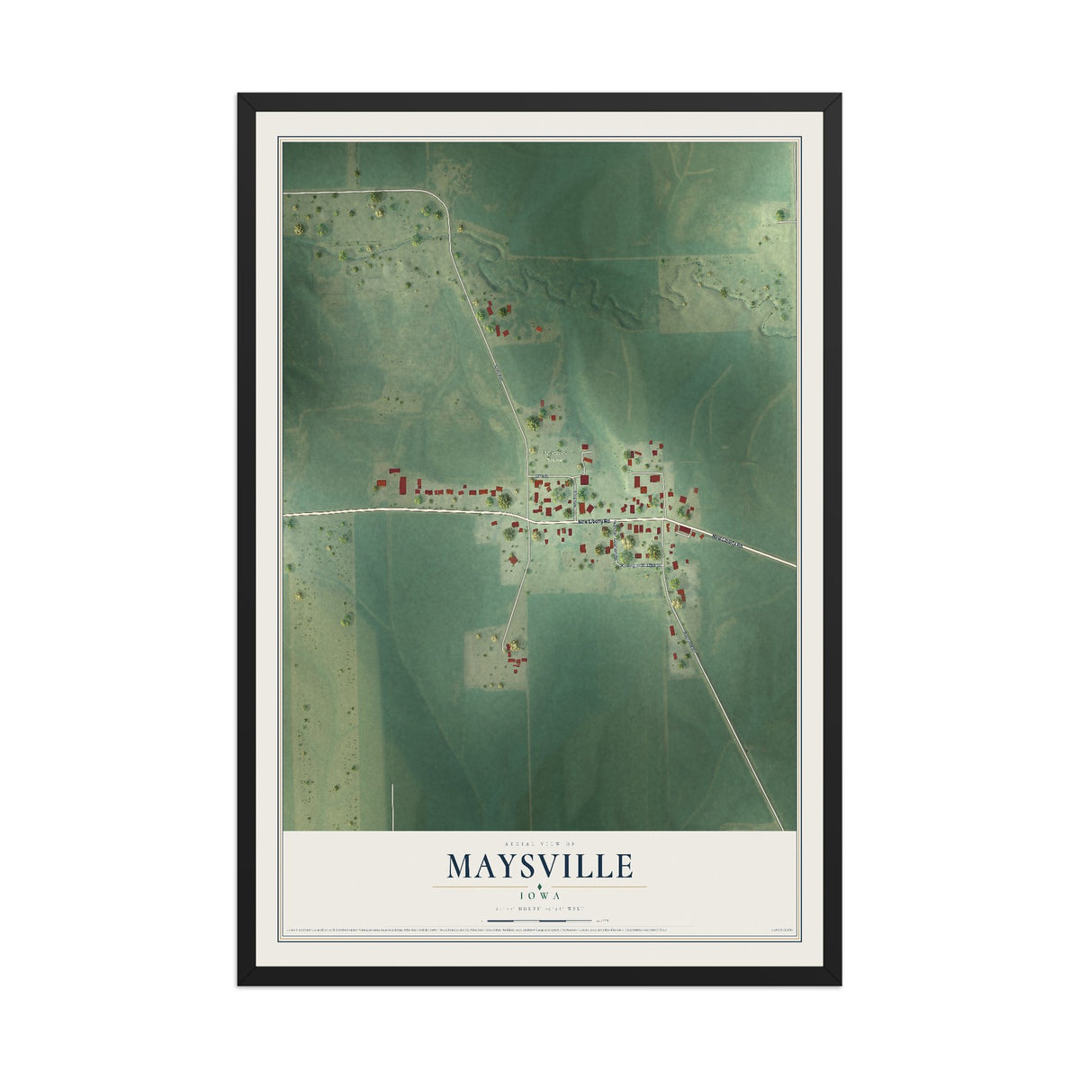 Map of Maysville, Iowa, 12 x 18 inch print in a black wood frame
