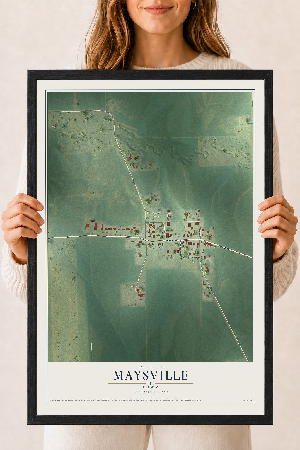 Map of Maysville, Iowa, 18 x 24 inch print in a black wood frame
