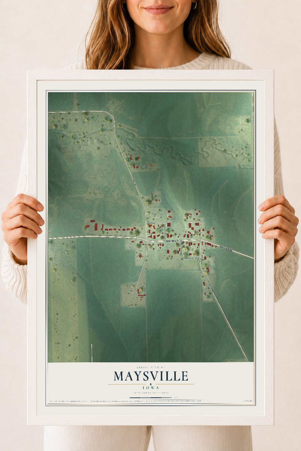 Map of Maysville, Iowa, 18 x 24 inch print in a white wood frame