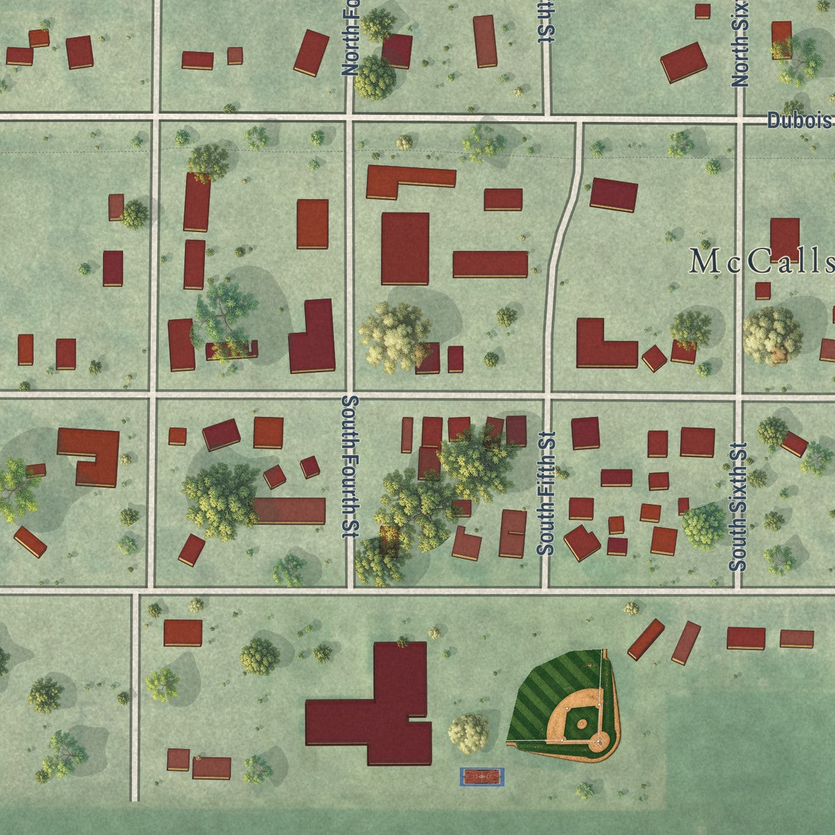 Close-up of the map of McCallsburg, Iowa print showing street and building detail