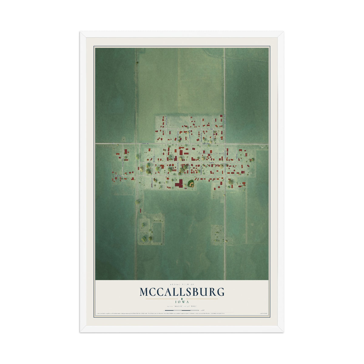 Map of McCallsburg, Iowa, 12 x 18 inch print in a white wood frame