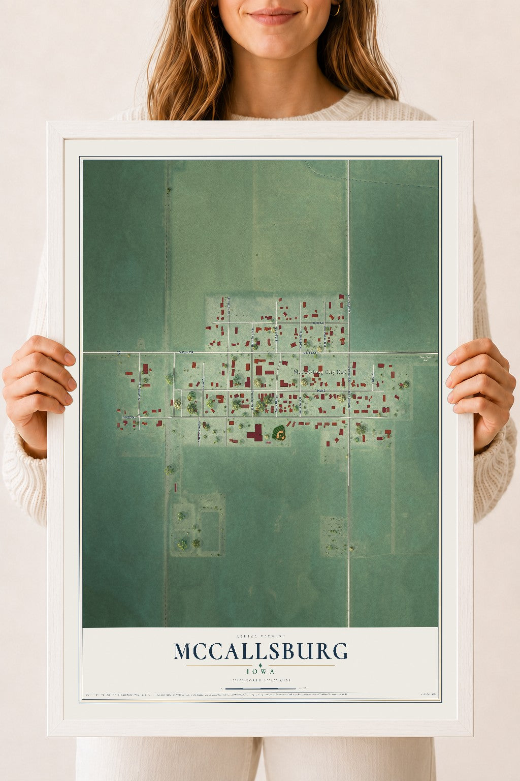 Map of McCallsburg, Iowa, 18 x 24 inch print in a white wood frame