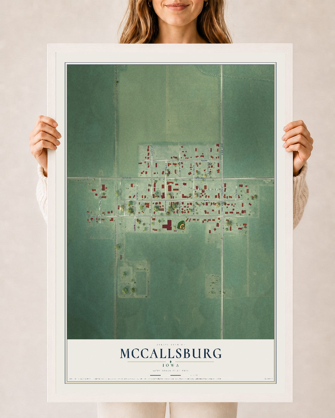 Map of McCallsburg, Iowa, 24 x 36 inch print in a white wood frame