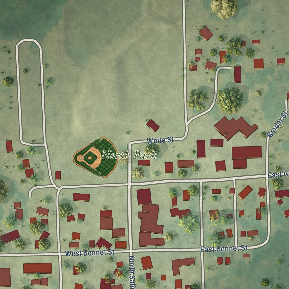 Close-up of the map of McCausland, Iowa print showing street and building detail