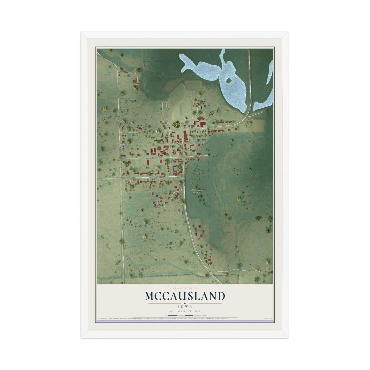 Map of McCausland, Iowa, 12 x 18 inch print in a white wood frame