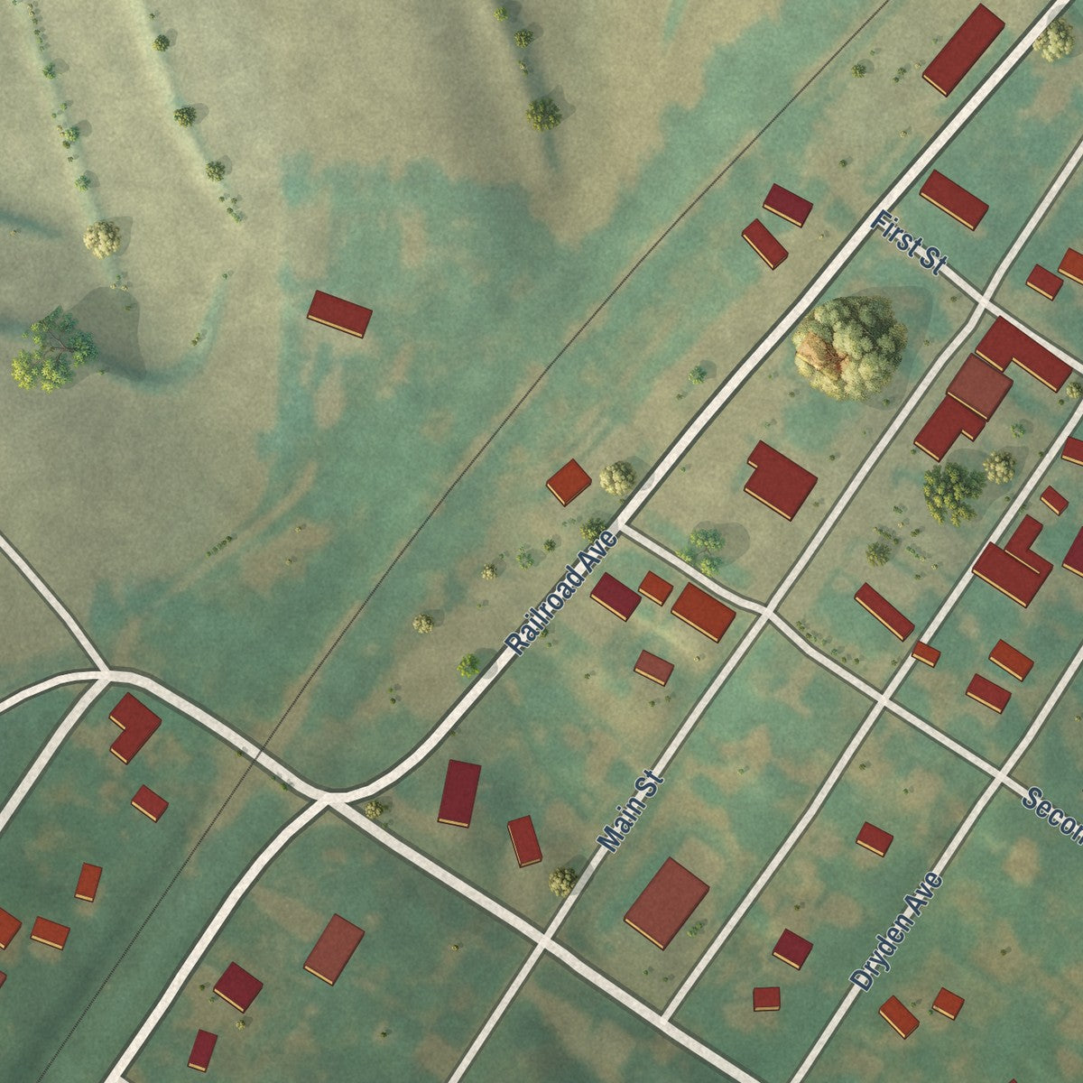 Close-up of the map of McClelland, Iowa print showing street and building detail