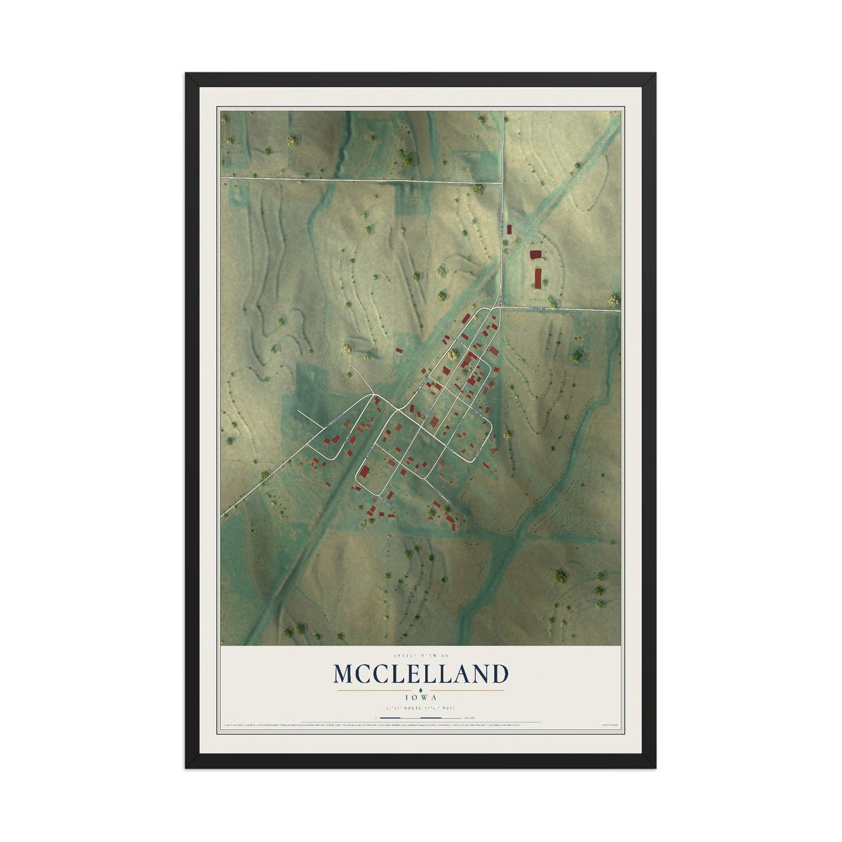 Map of McClelland, Iowa, 12 x 18 inch print in a black wood frame