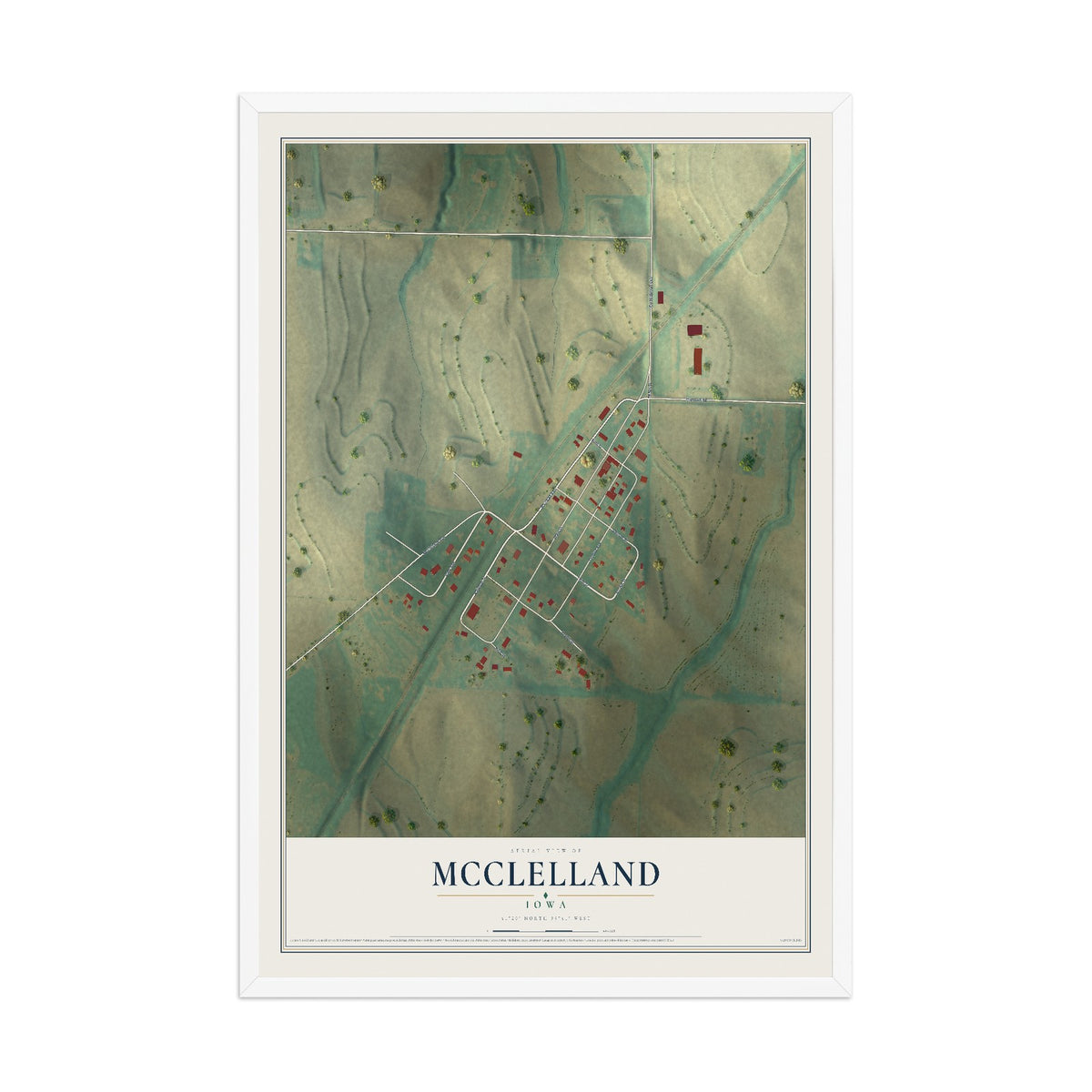 Map of McClelland, Iowa, 12 x 18 inch print in a white wood frame