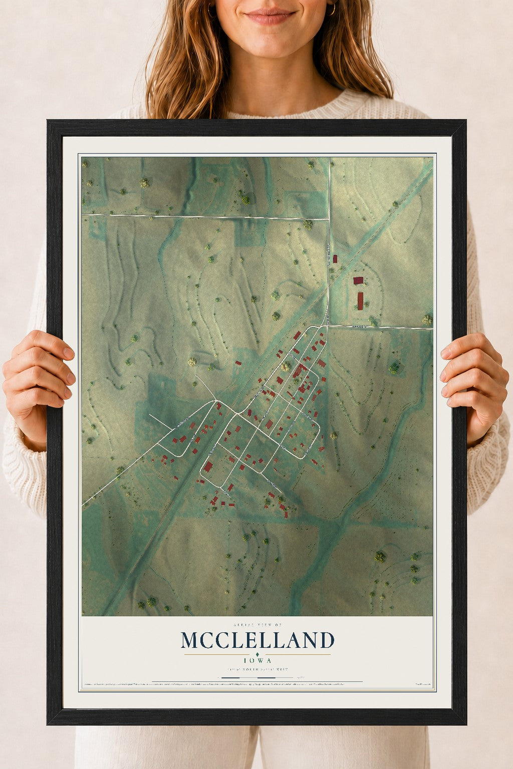 Map of McClelland, Iowa, 18 x 24 inch print in a black wood frame