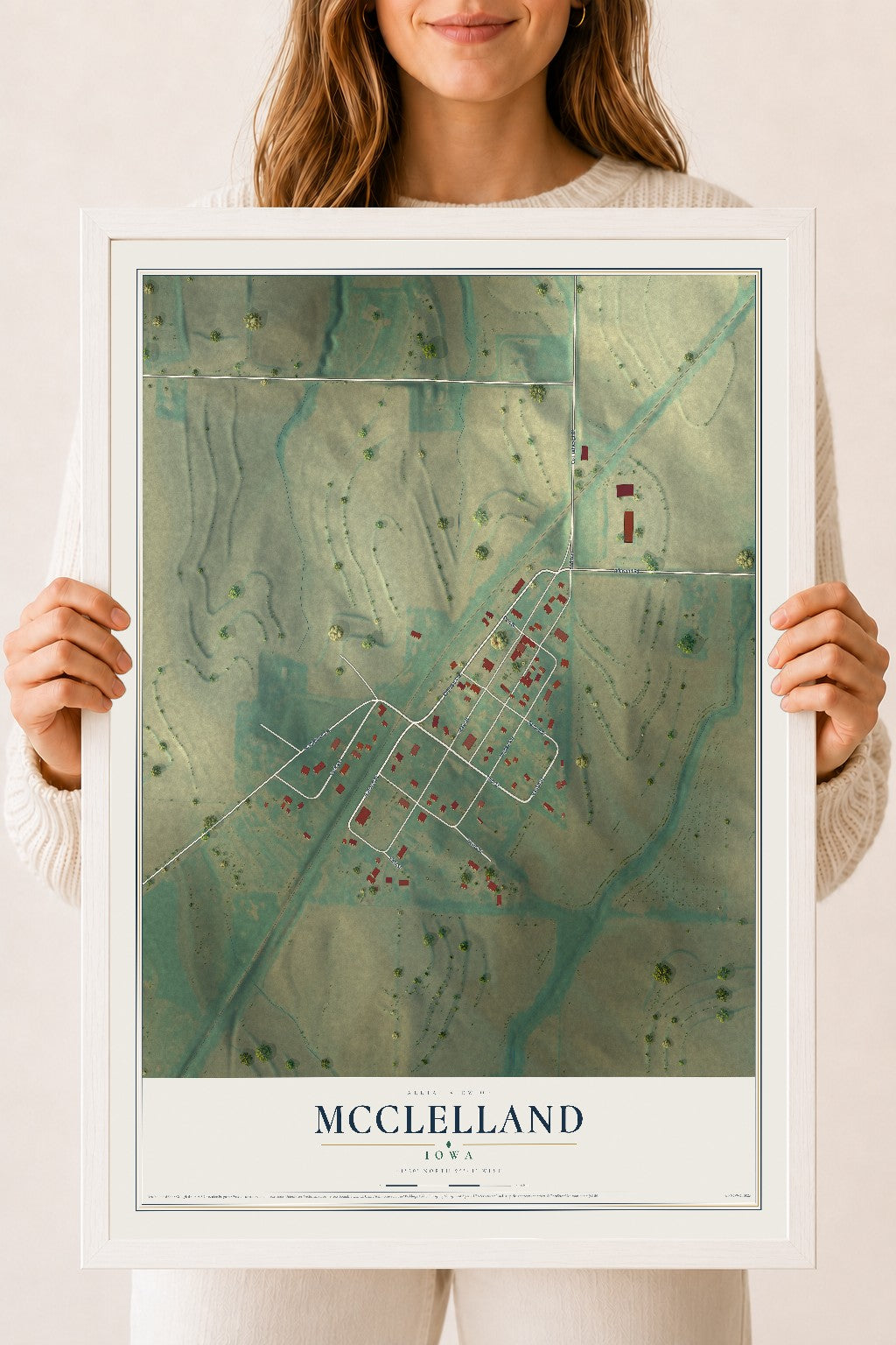 Map of McClelland, Iowa, 18 x 24 inch print in a white wood frame