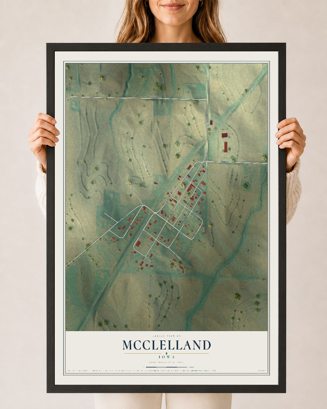 Map of McClelland, Iowa, 24 x 36 inch print in a black wood frame