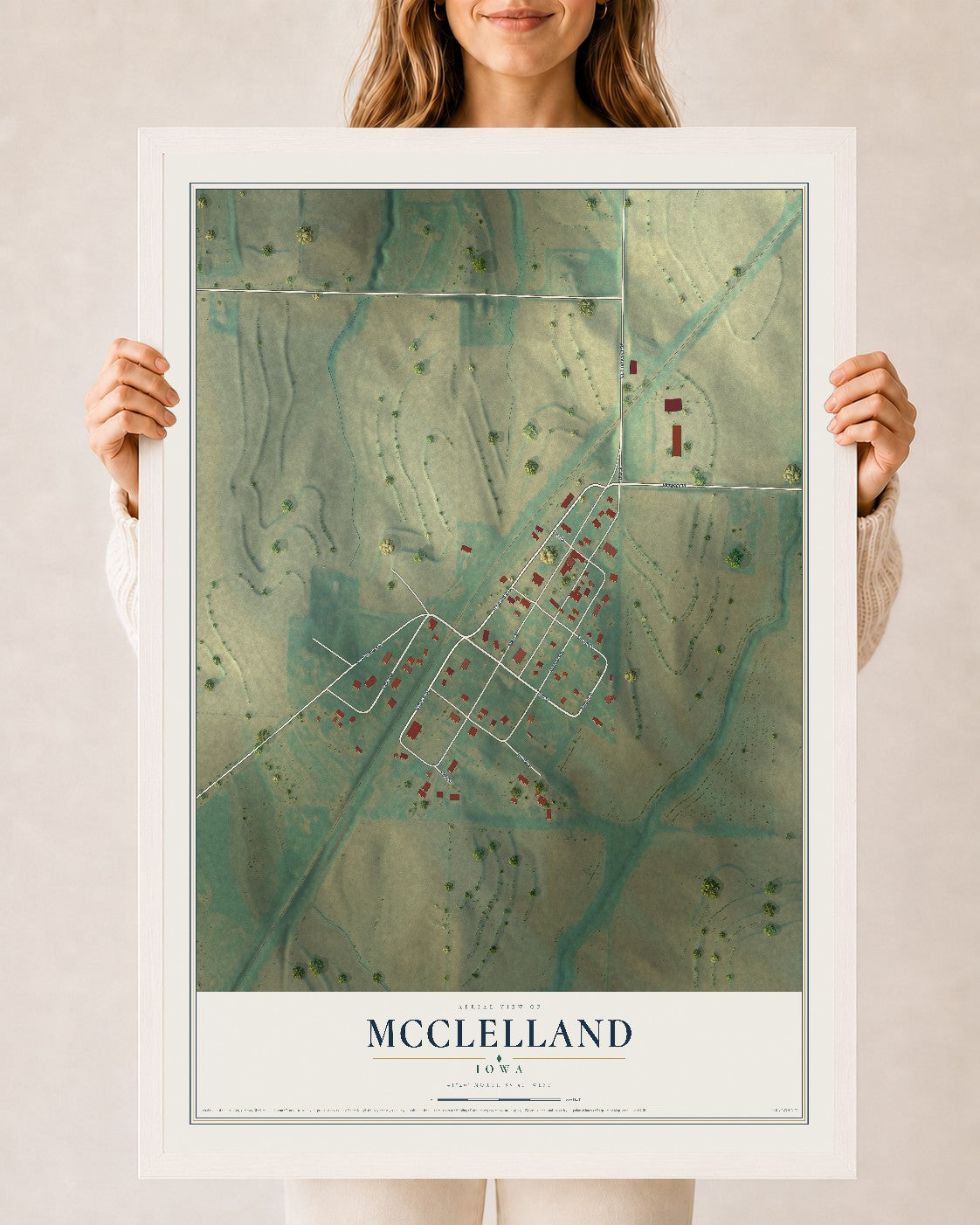 Map of McClelland, Iowa, 24 x 36 inch print in a white wood frame