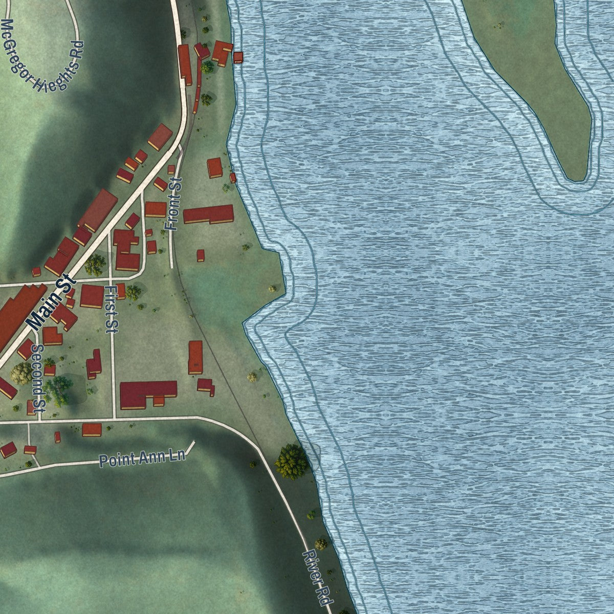 Second close-up of the map of McGregor, Iowa print showing more streets and buildings
