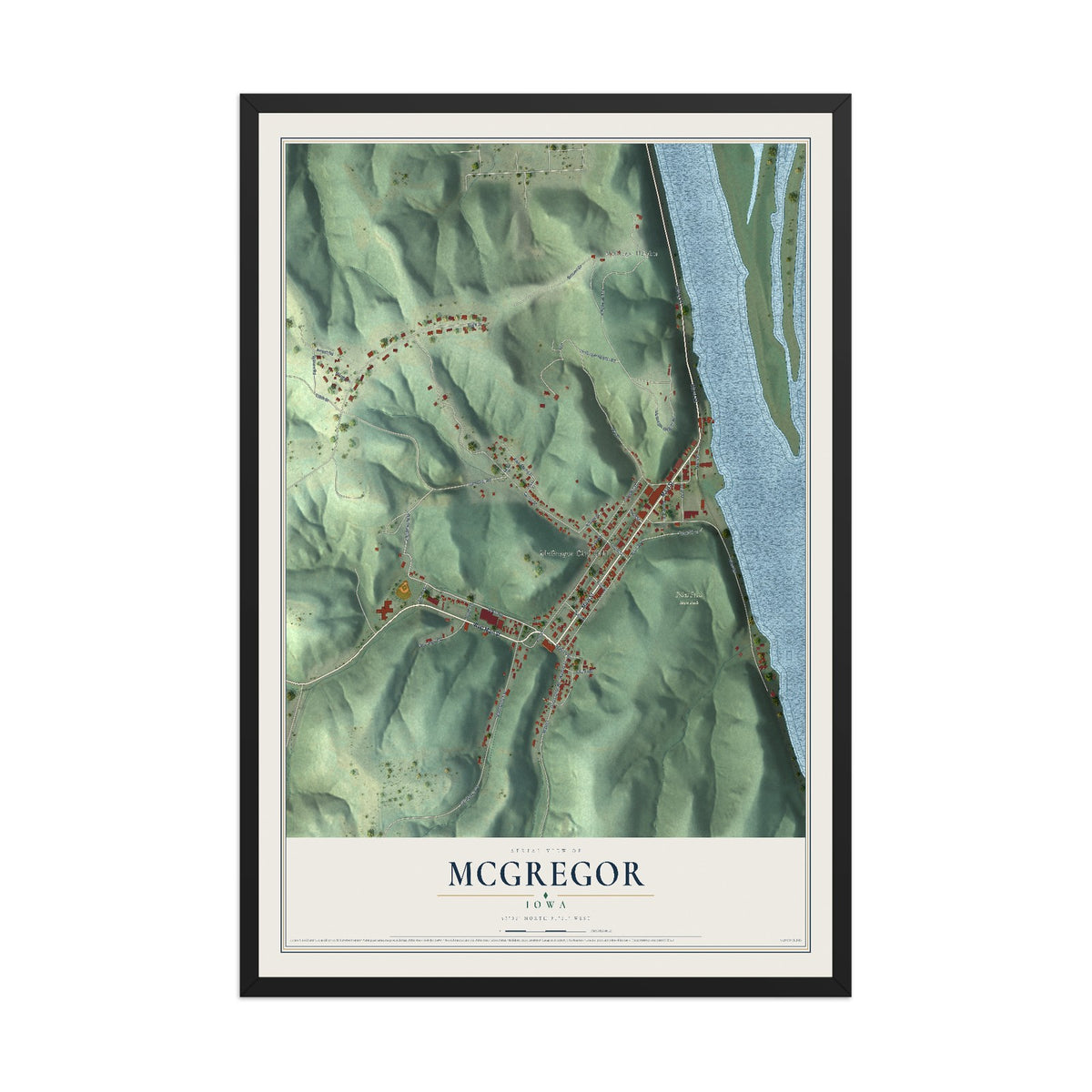 Map of McGregor, Iowa, 12 x 18 inch print in a black wood frame