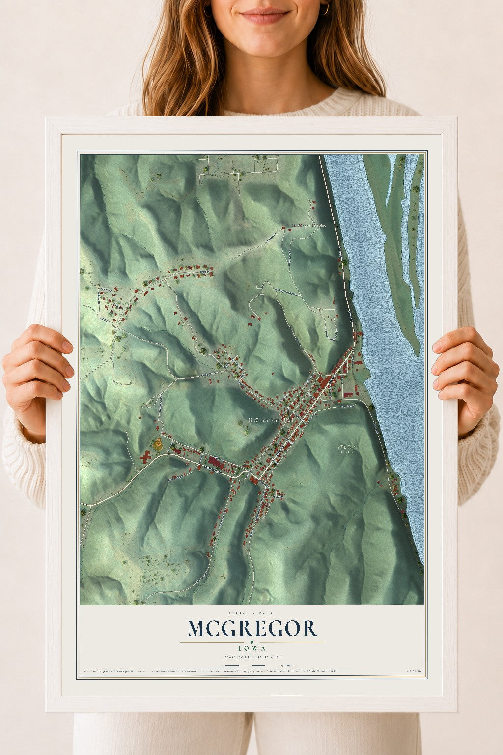 Map of McGregor, Iowa, 18 x 24 inch print in a white wood frame