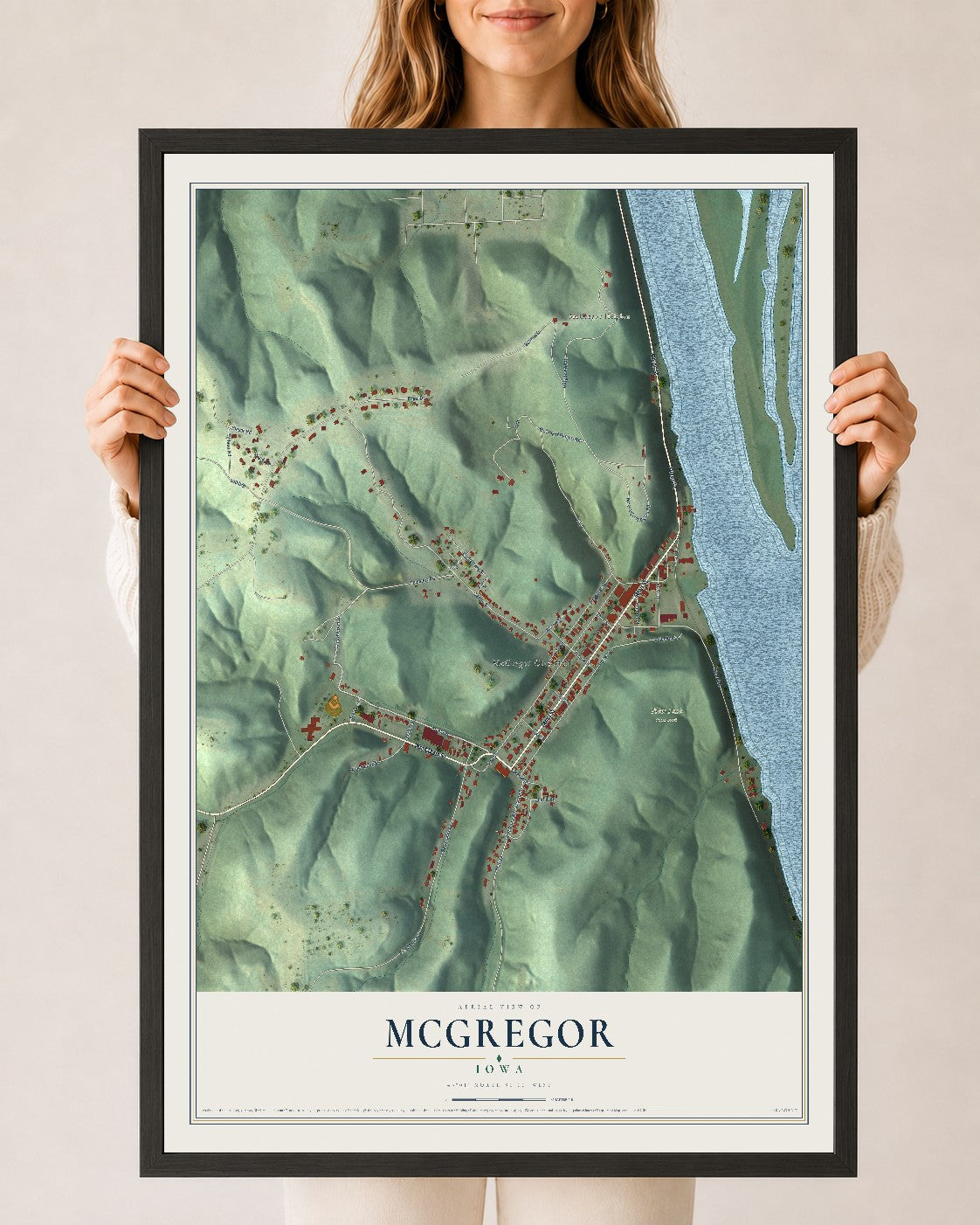 Map of McGregor, Iowa, 24 x 36 inch print in a black wood frame