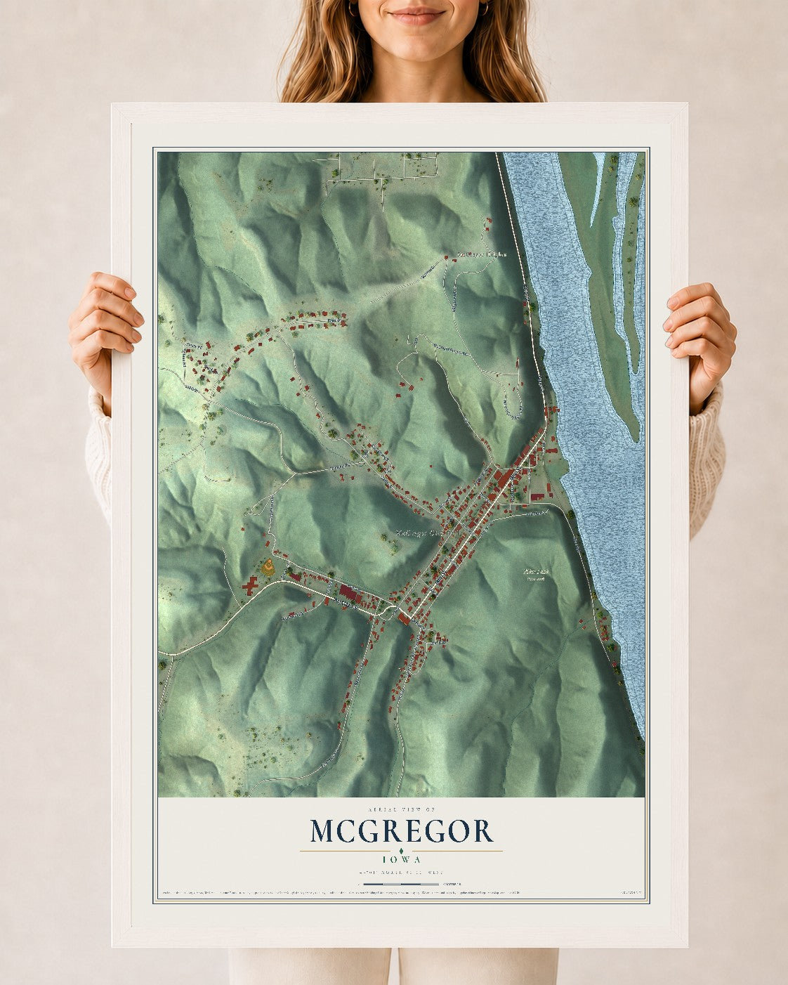 Map of McGregor, Iowa, 24 x 36 inch print in a white wood frame