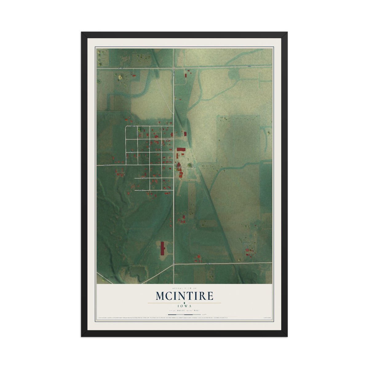 Map of McIntire, Iowa, 12 x 18 inch print in a black wood frame