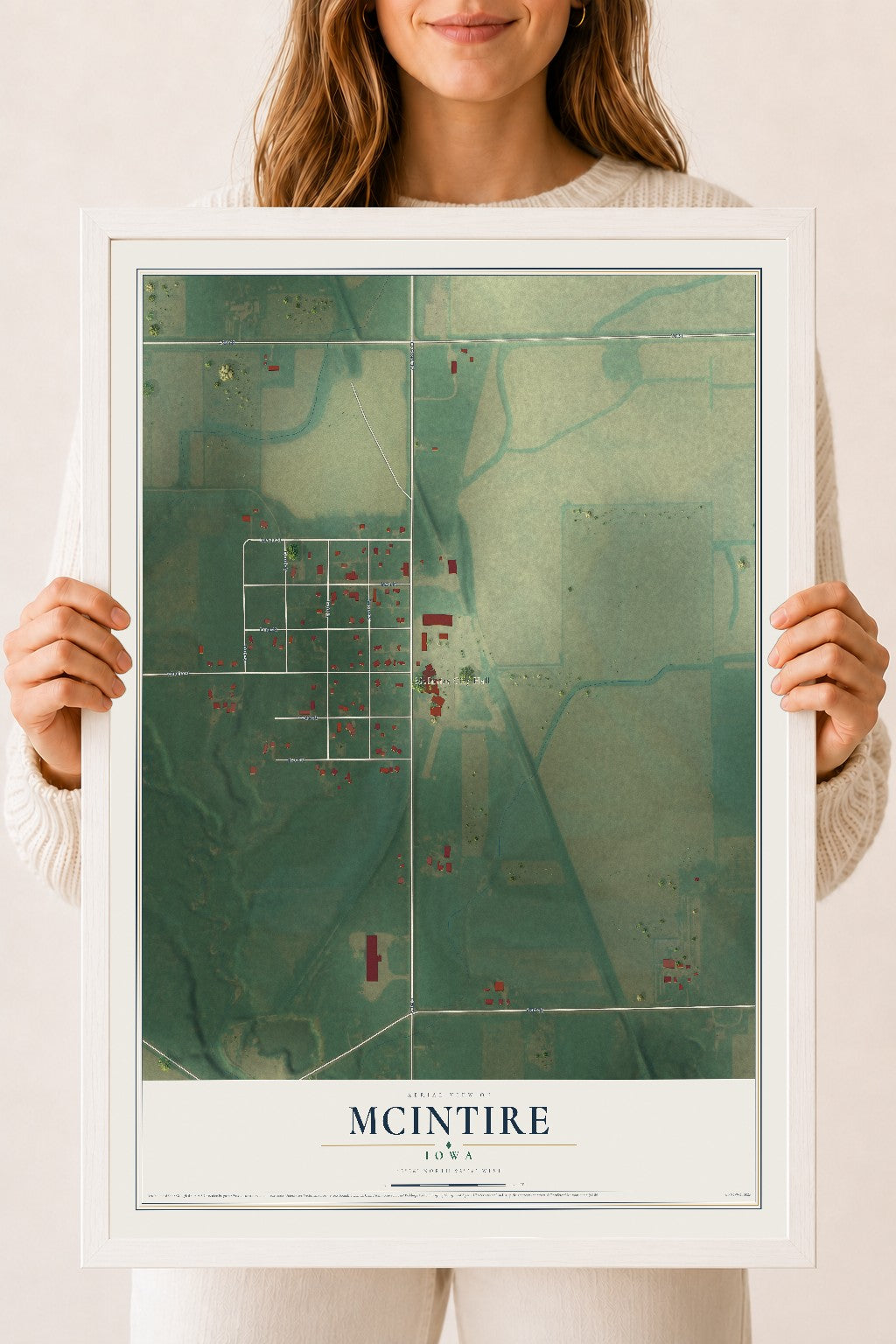 Map of McIntire, Iowa, 18 x 24 inch print in a white wood frame