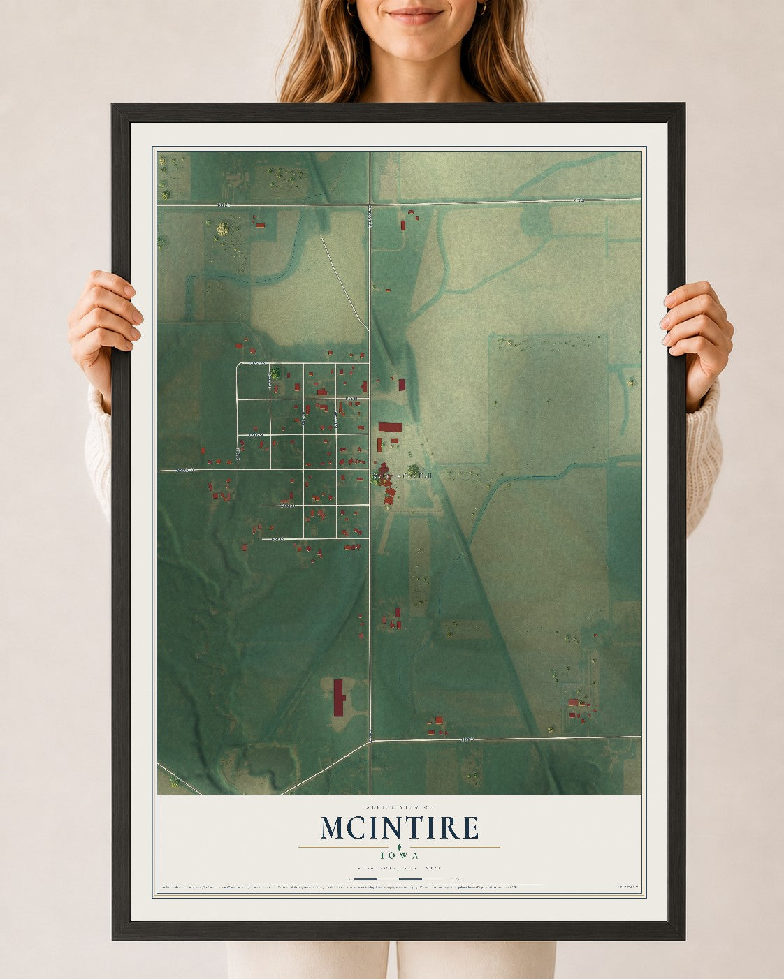 Map of McIntire, Iowa, 24 x 36 inch print in a black wood frame