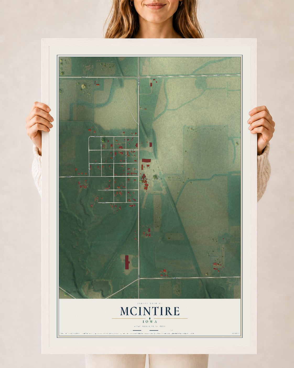Map of McIntire, Iowa, 24 x 36 inch print in a white wood frame