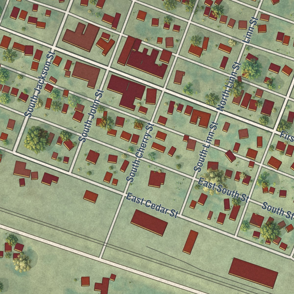 Close-up of the map of Mechanicsville, Iowa print showing street and building detail