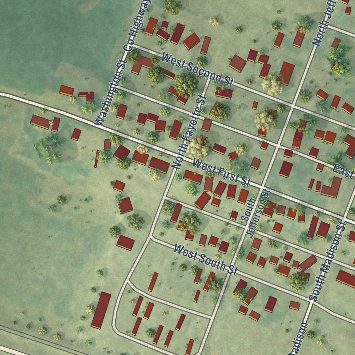 Second close-up of the map of Mechanicsville, Iowa print showing more streets and buildings