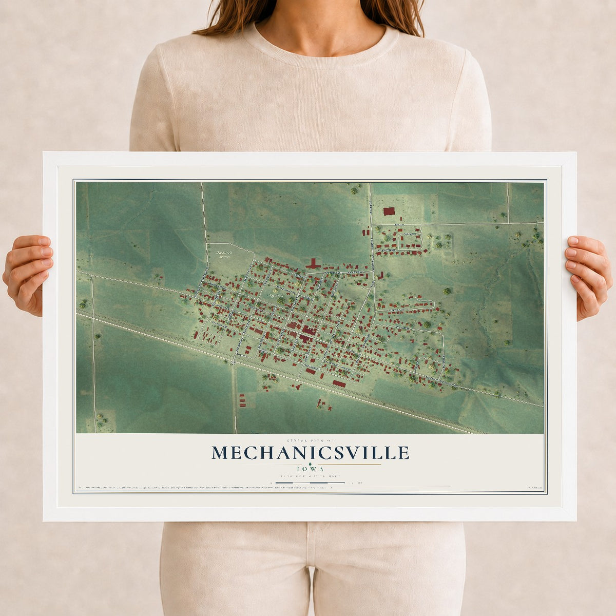 Map of Mechanicsville, Iowa, 12 x 18 inch print in a white wood frame