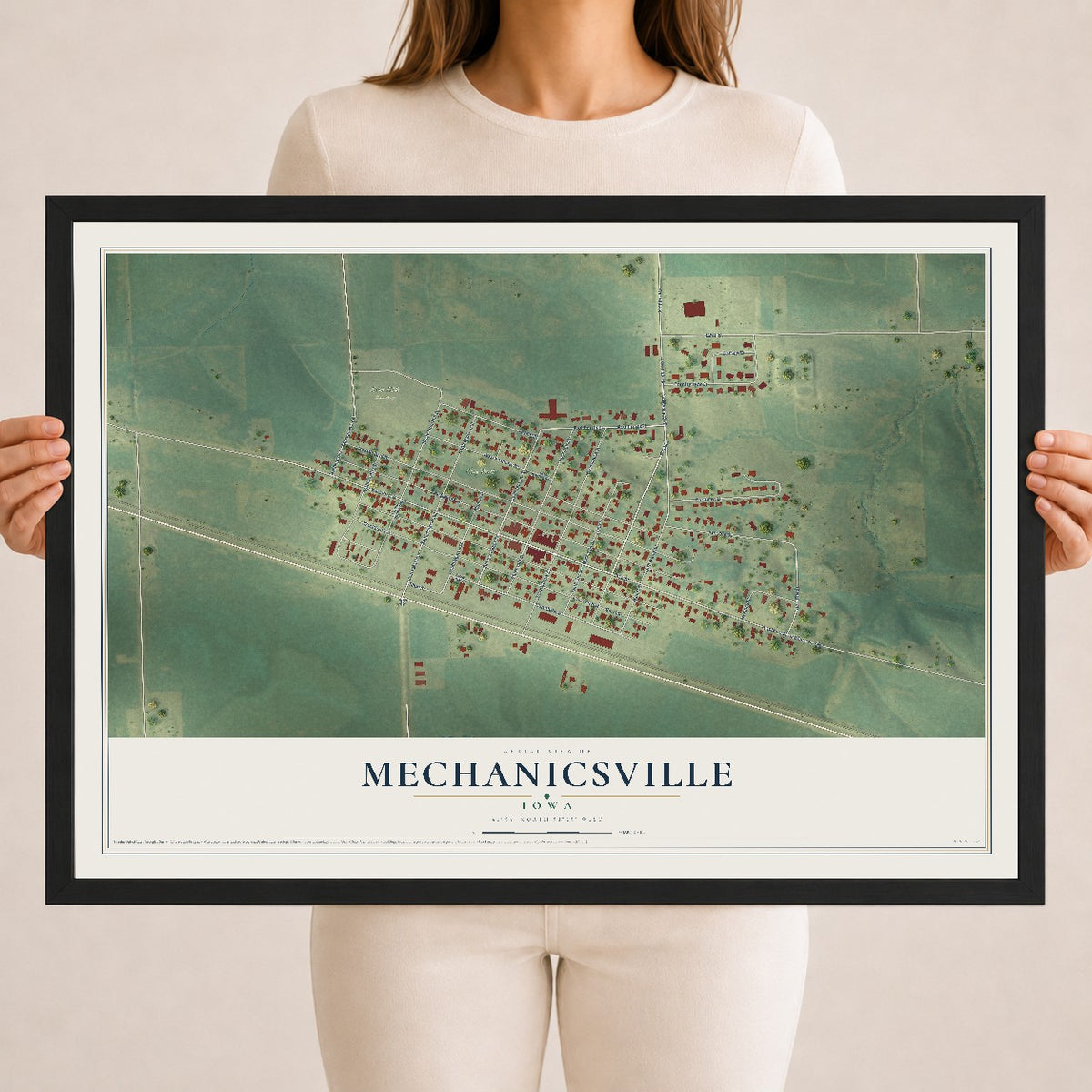 Map of Mechanicsville, Iowa, 18 x 24 inch print in a black wood frame