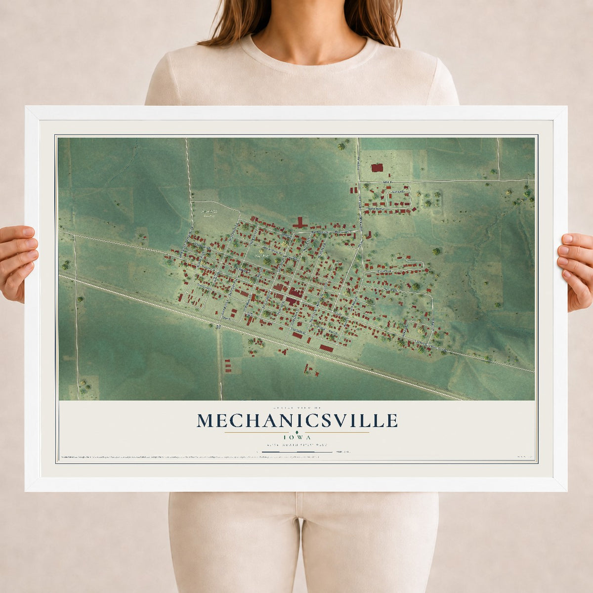 Map of Mechanicsville, Iowa, 18 x 24 inch print in a white wood frame