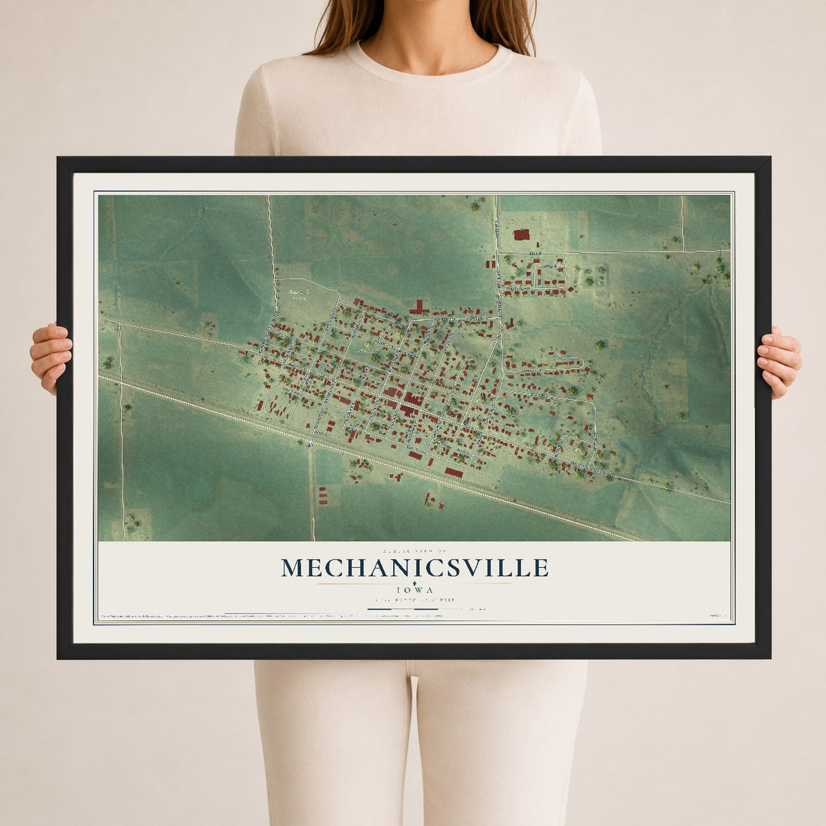 Map of Mechanicsville, Iowa, 24 x 36 inch print in a black wood frame
