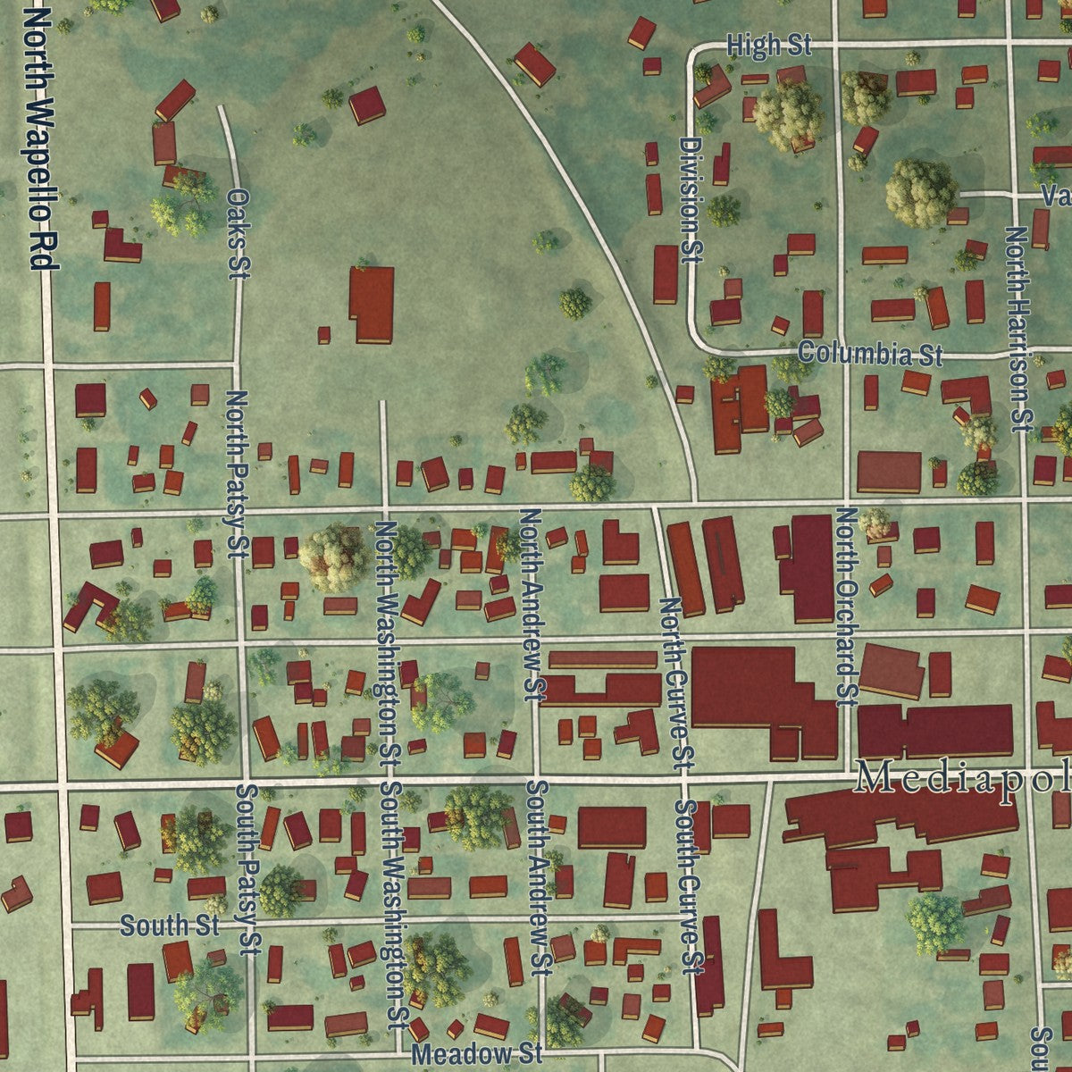 Close-up of the map of Mediapolis, Iowa print showing street and building detail