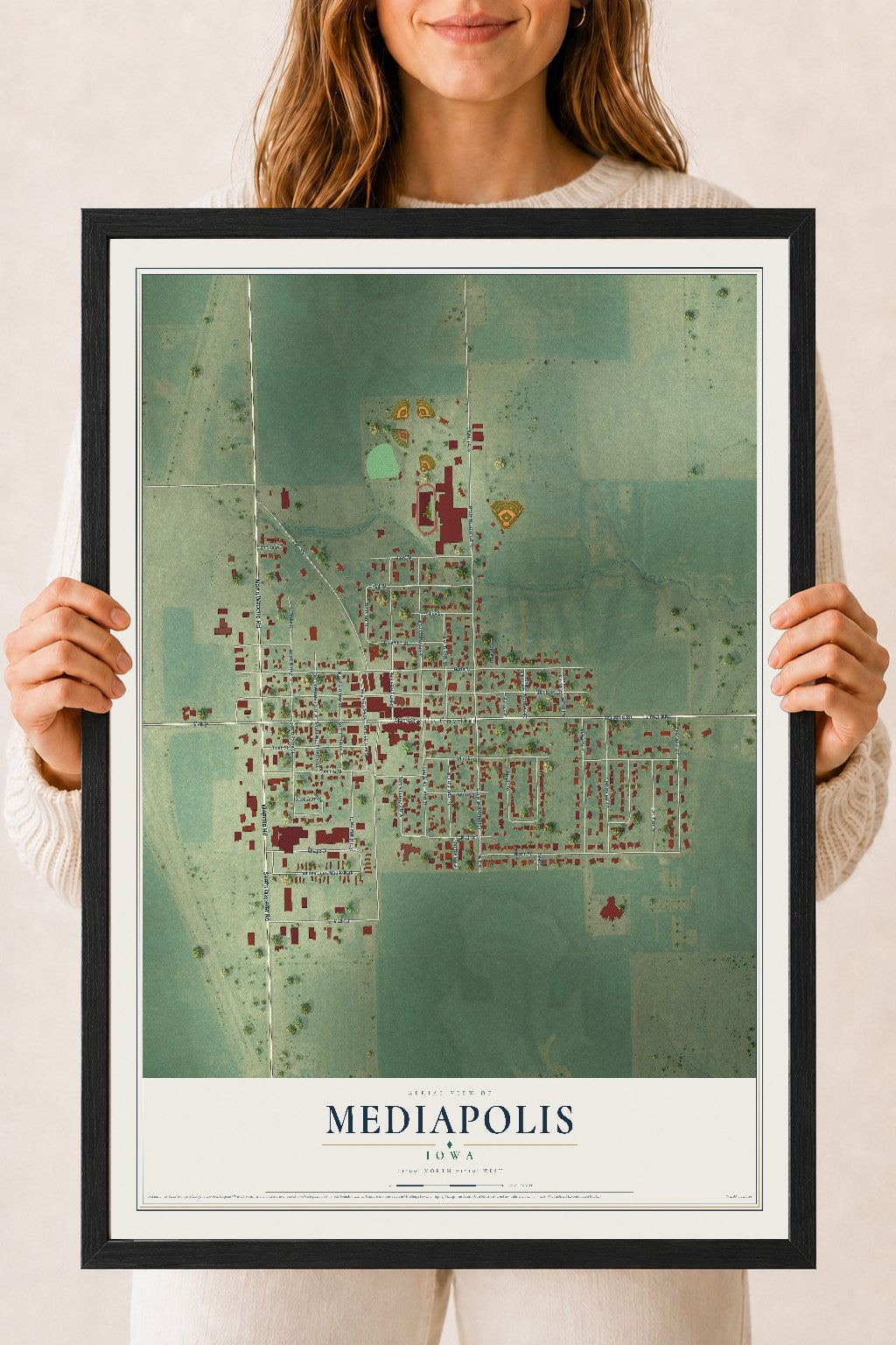Map of Mediapolis, Iowa, 18 x 24 inch print in a black wood frame