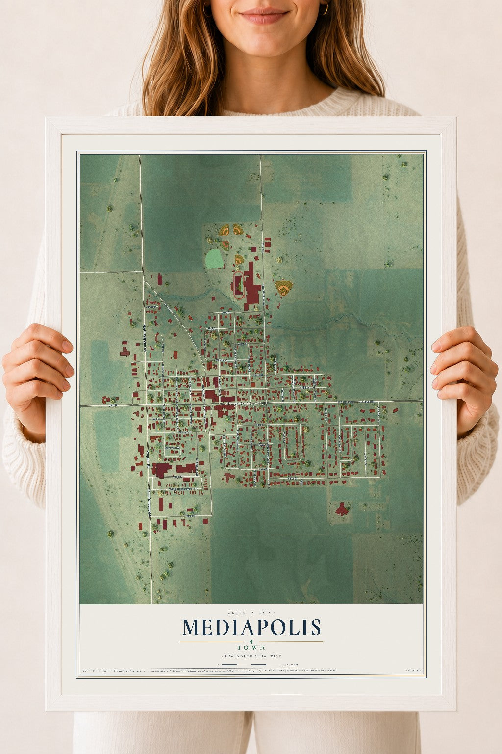 Map of Mediapolis, Iowa, 18 x 24 inch print in a white wood frame