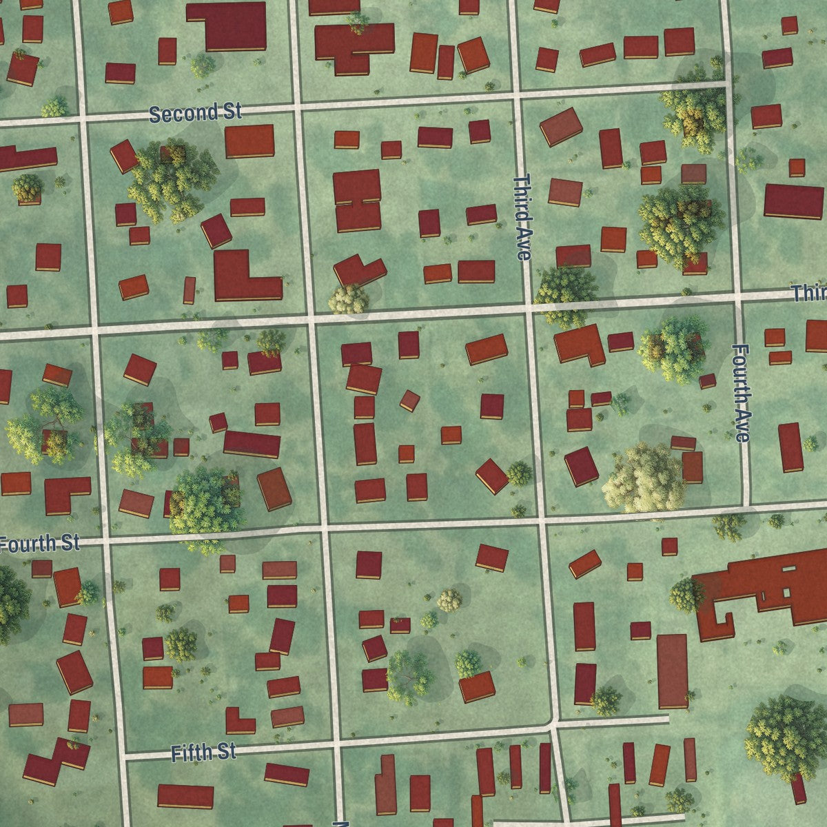 Close-up of the map of Melbourne, Iowa print showing street and building detail